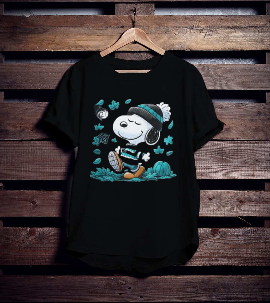 Miami Marlins Snoopy Walking Winter Beanie Autumn Leaves Pumpkin MLB Cartoon T-Shirt