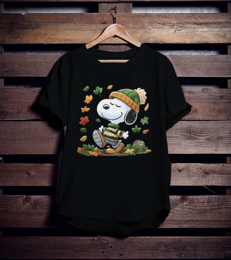 Milwaukee Bucks Snoopy In Beanie Walking Through Autumn Leaves Cartoon T-Shirt
