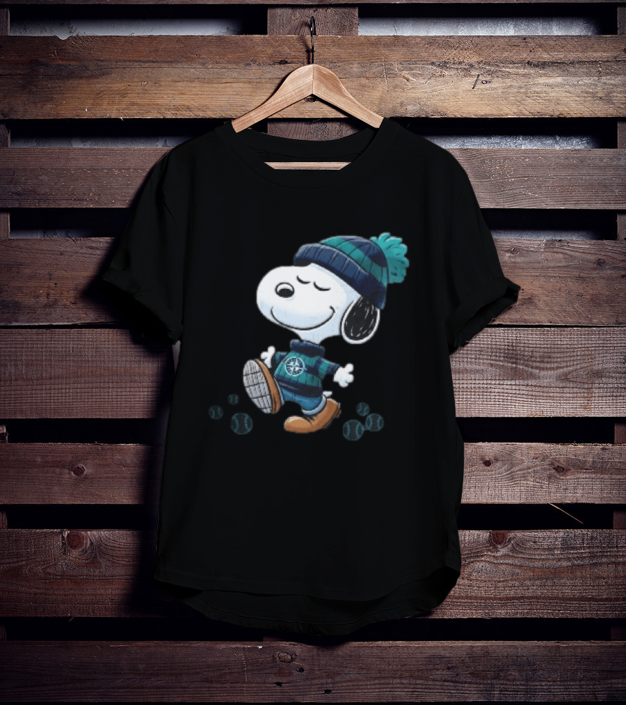Seattle Mariners Snoopy Walking Beanie And Baseballs MLB Cartoon T-Shirt
