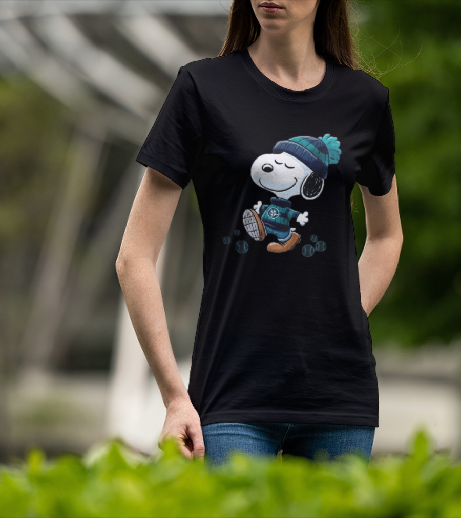 Seattle Mariners Snoopy Walking Beanie And Baseballs MLB Cartoon T-Shirt