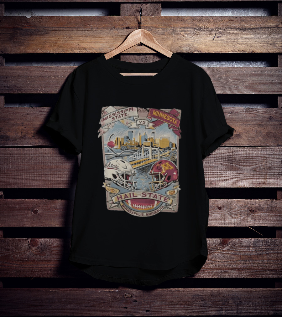 Mississippi State Vs Minnesota September 12th 2026 Hail State Minneapolis Minnesota Football Helmets And Skyline T-Shirt