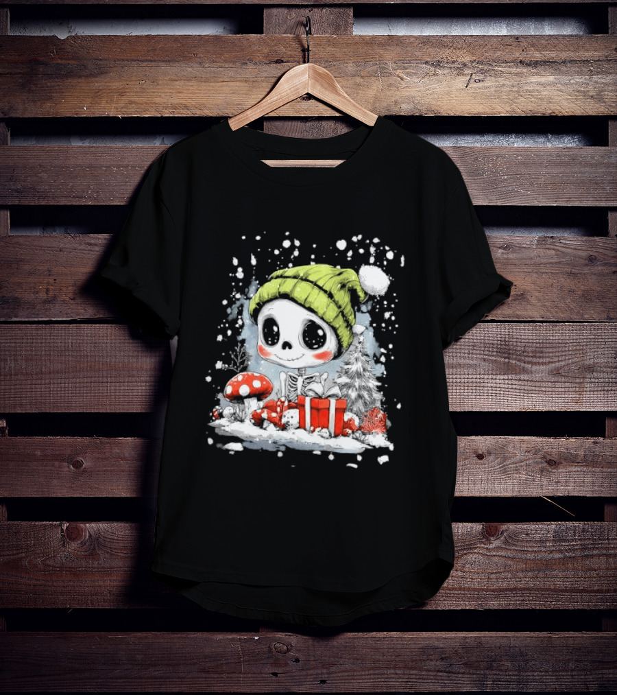 Skeleton In Green Beanie Hat With Mushroom And Christmas Present T-Shirt