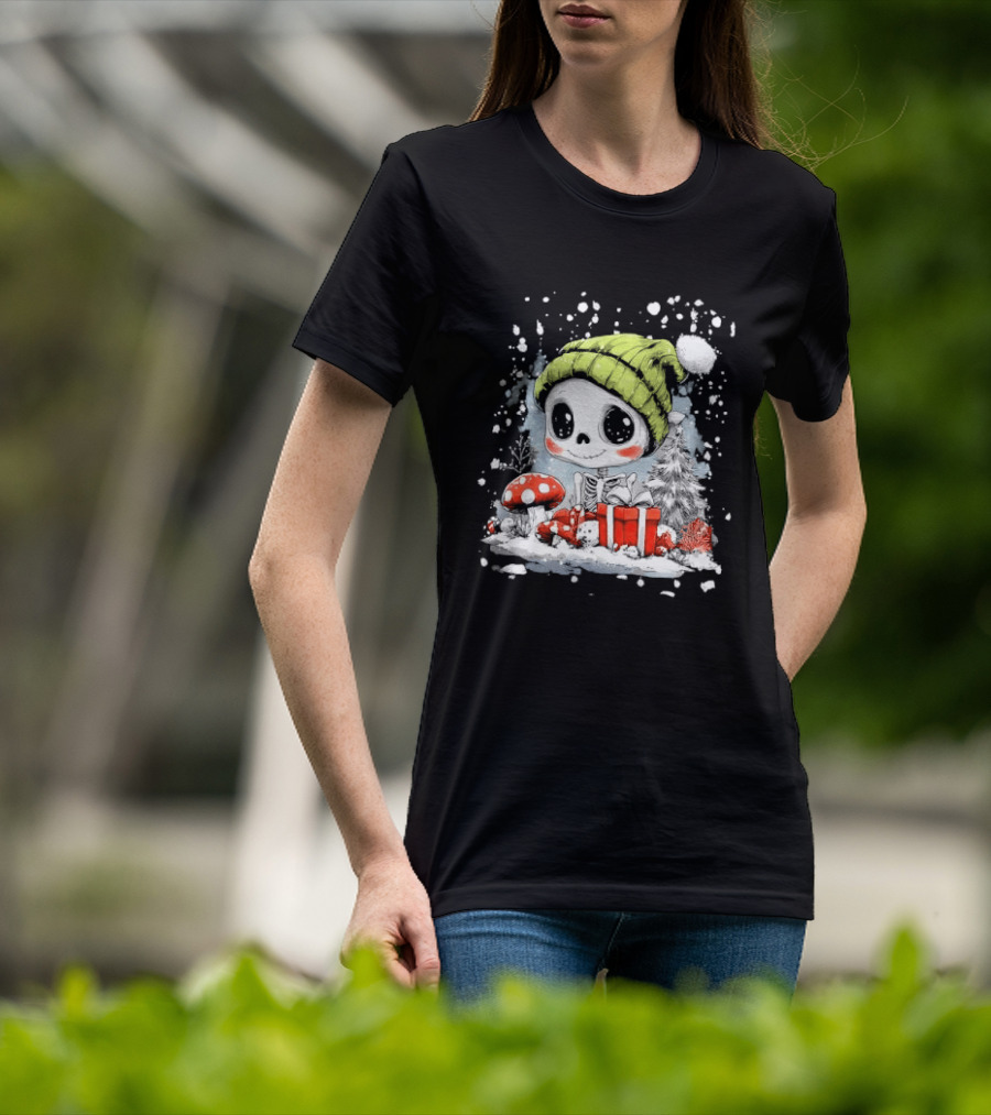 Skeleton In Green Beanie Hat With Mushroom And Christmas Present T-Shirt