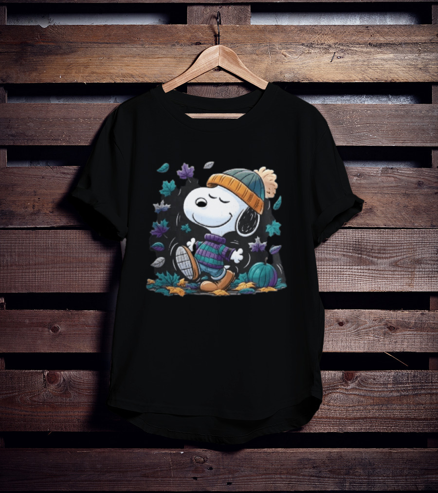 Snoopy Autumn Walk Striped Beanie Pumpkin And Falling Leaves T-Shirt