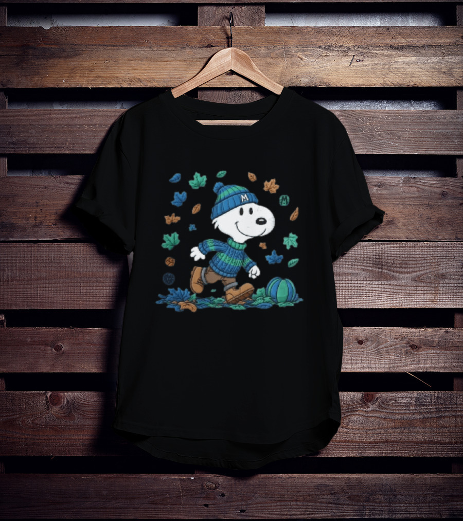 Snoopy Walking Autumn Leaves Blue Green Beanie Pumpkin T-Shirt