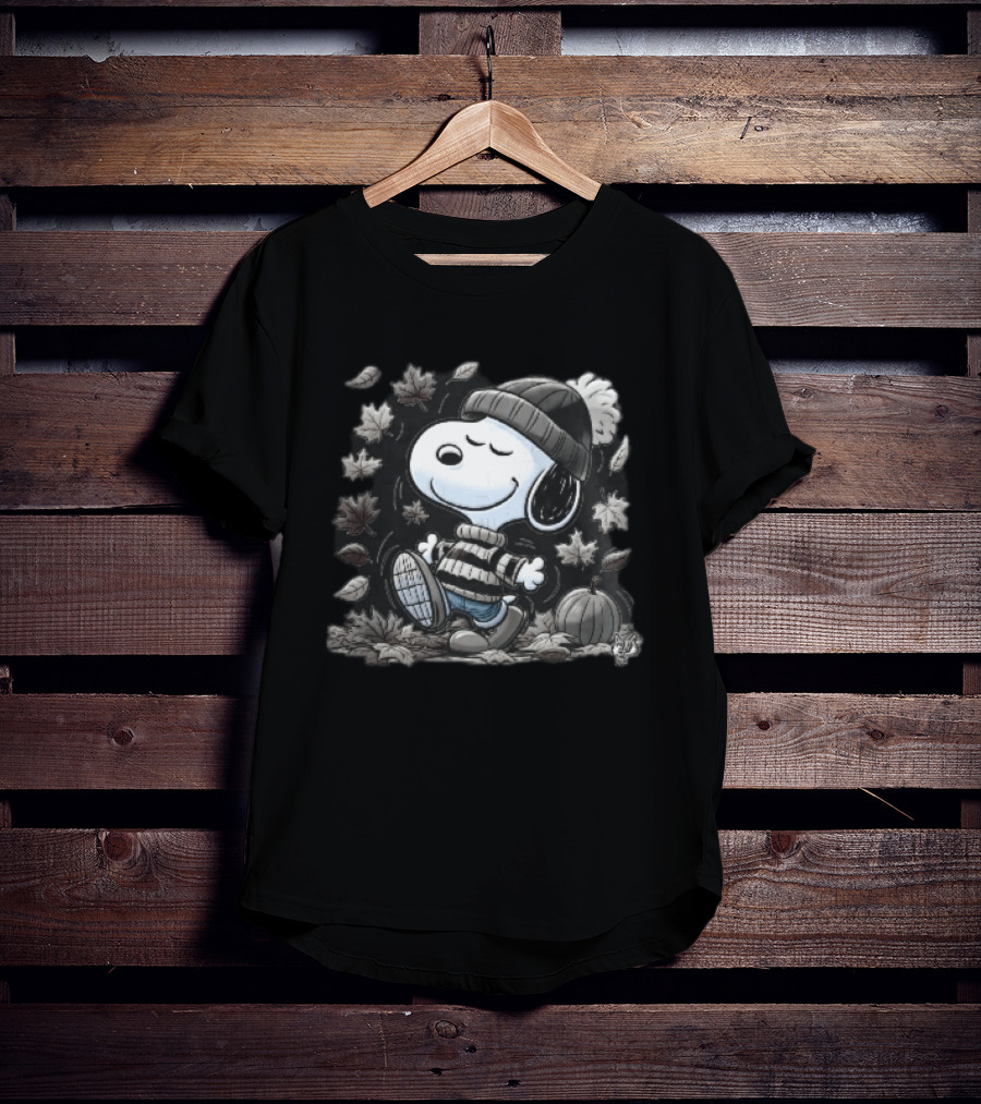 Snoopy Walking Beanie Striped Sweater Autumn Leaves Pumpkin Cartoon T-Shirt