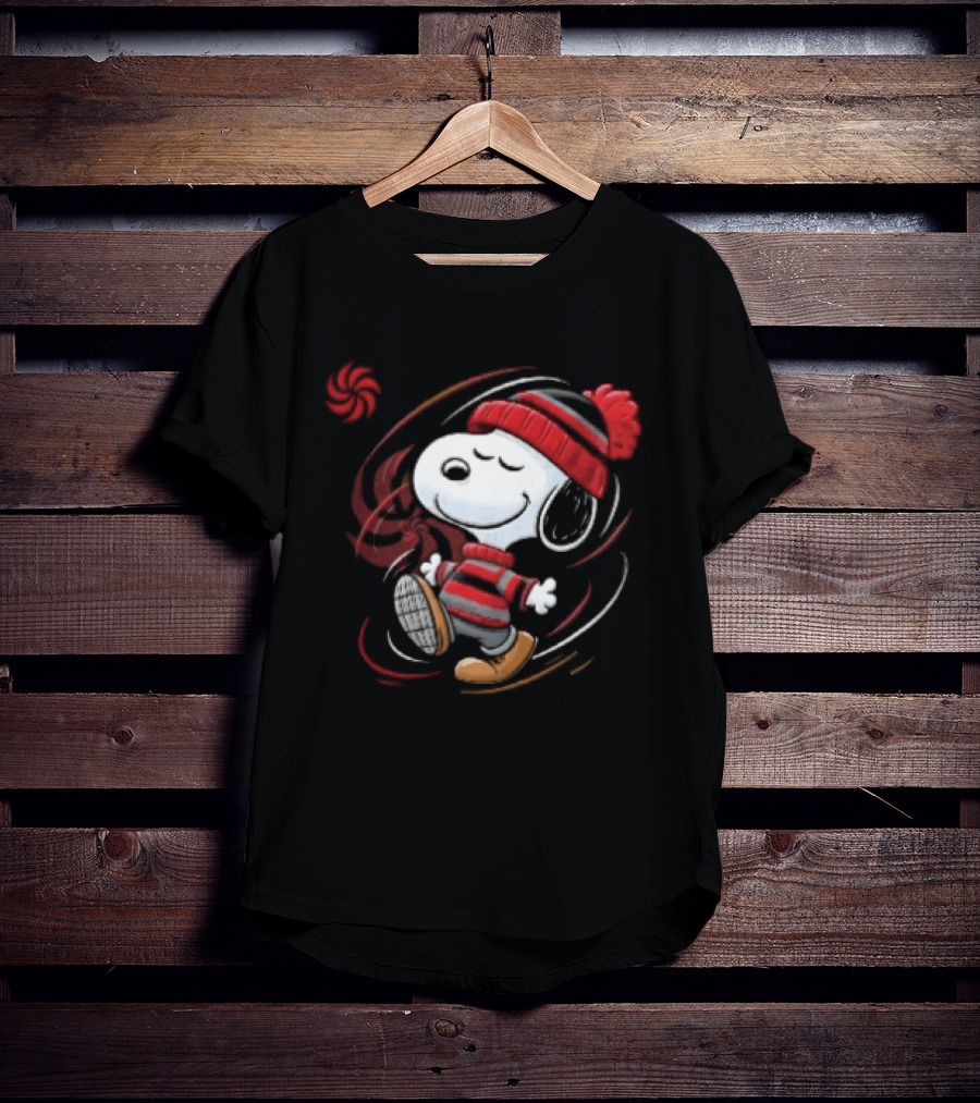 Snoopy Walking Red Black Striped Beanie Swirl Cartoon T-Shirt