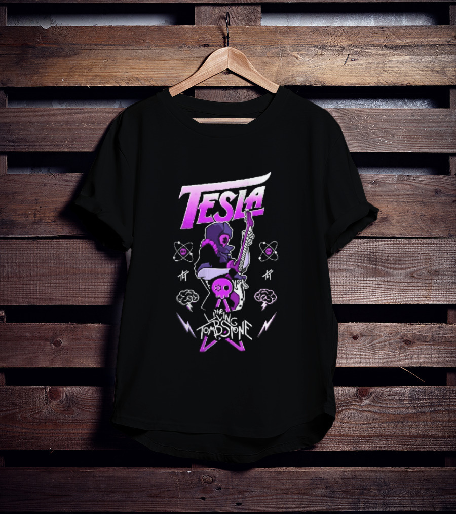 Tesla The Living Tombstone Purple Hooded Skull Mask Electric Guitar Pixel T-Shirt