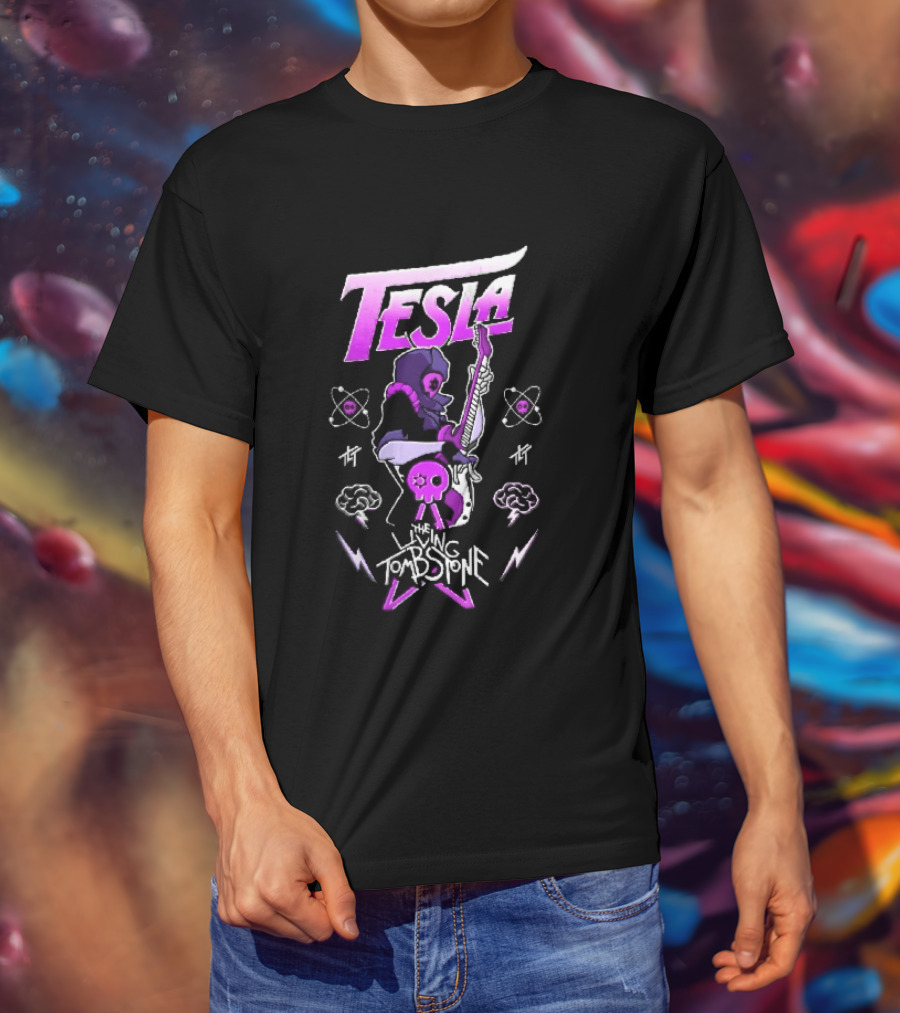 Tesla The Living Tombstone Purple Hooded Skull Mask Electric Guitar Pixel T-Shirt