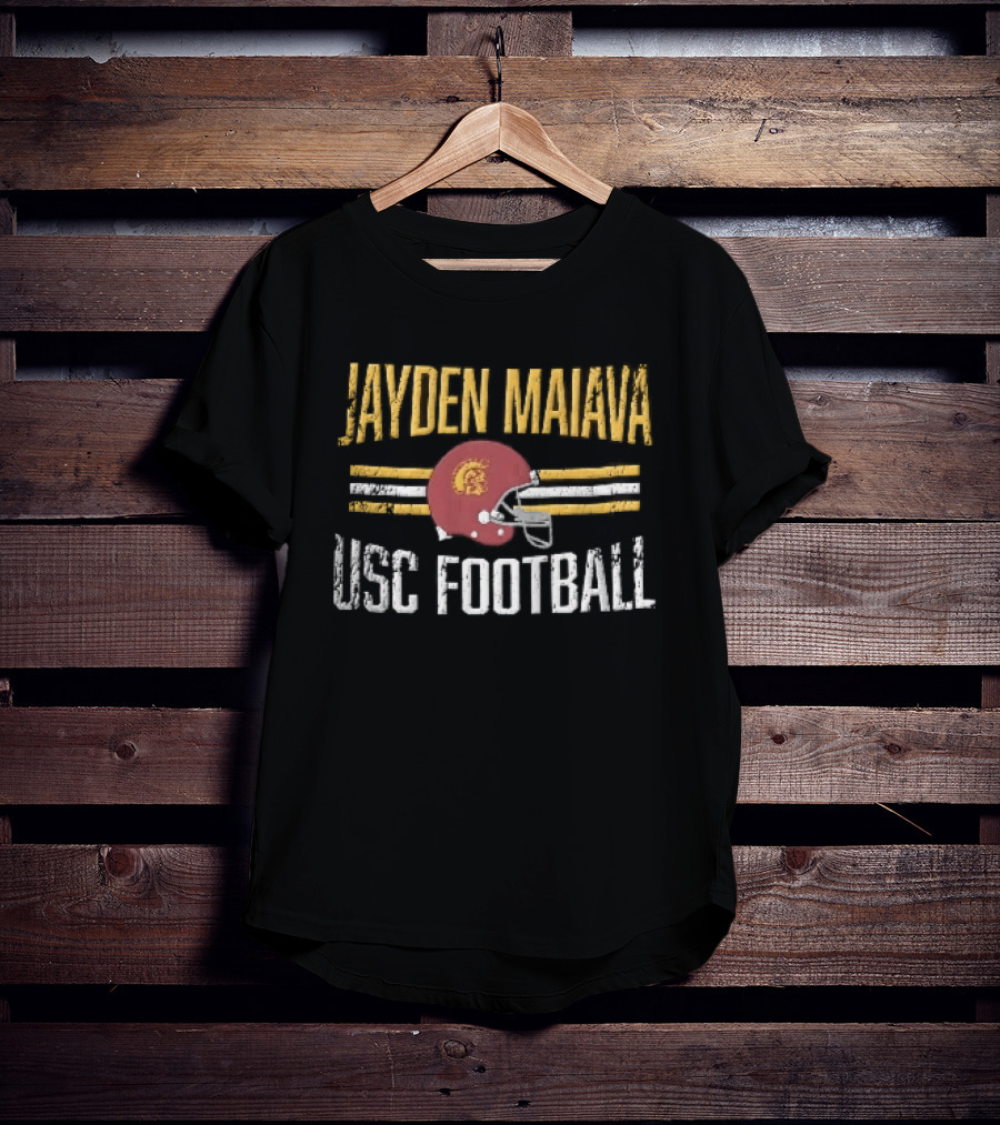 Jayden Maiava USC Football Distressed Helmet Yellow Stripes T-Shirt