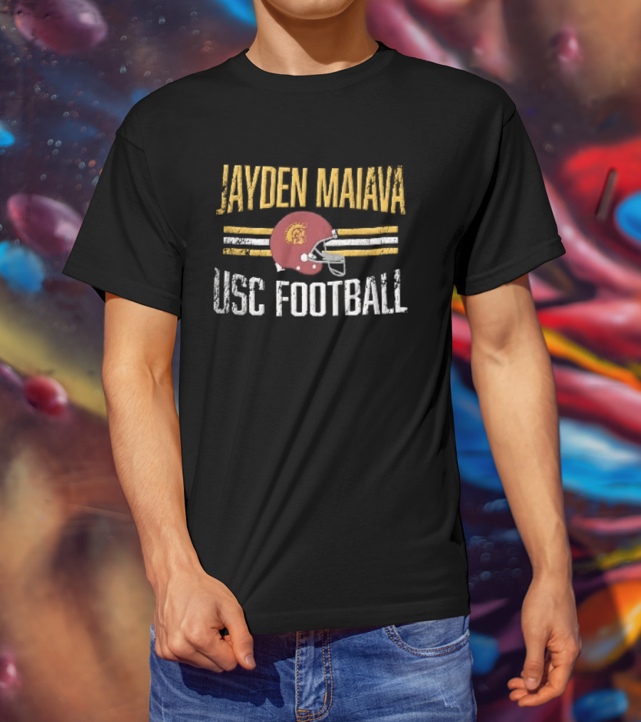Jayden Maiava USC Football Distressed Helmet Yellow Stripes T-Shirt