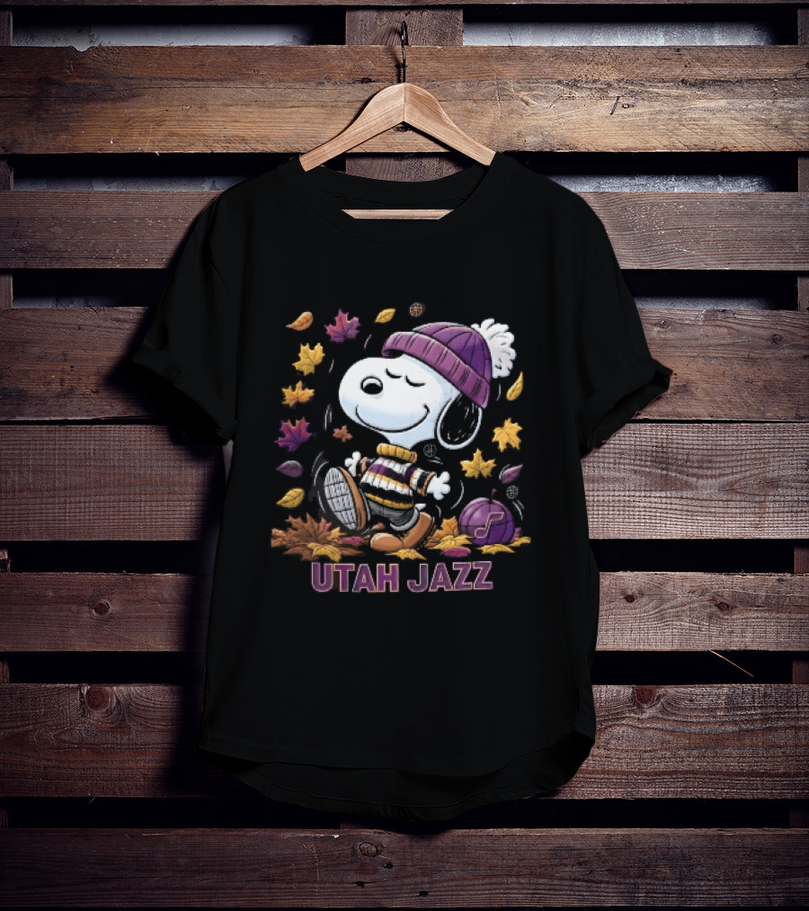 Utah Jazz Snoopy Cartoon Walking In Autumn Leaves Purple Beanie Basketball T-Shirt
