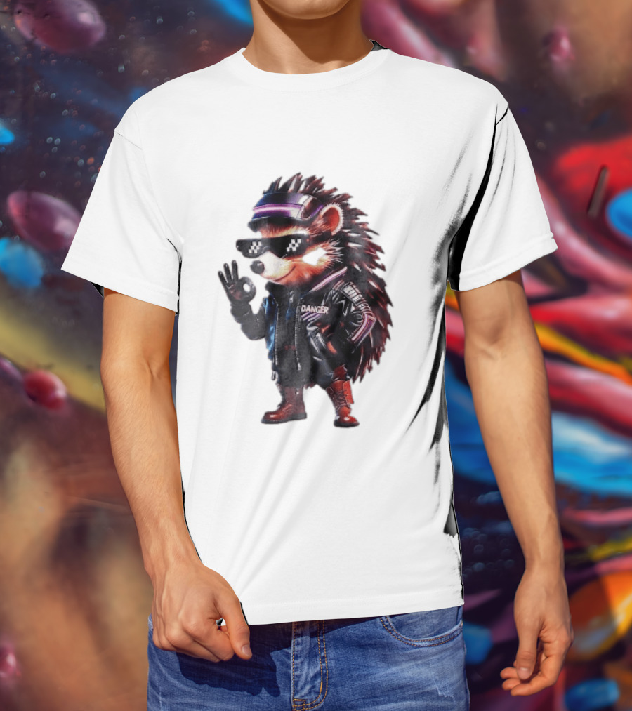 Danger Hedgehog Pixel Sunglasses Leather Jacket T-Shirt