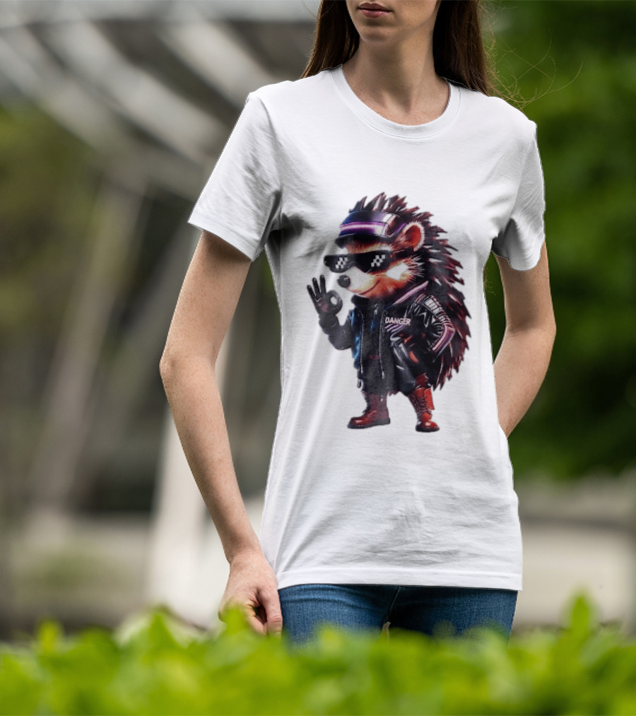 Danger Hedgehog Pixel Sunglasses Leather Jacket T-Shirt