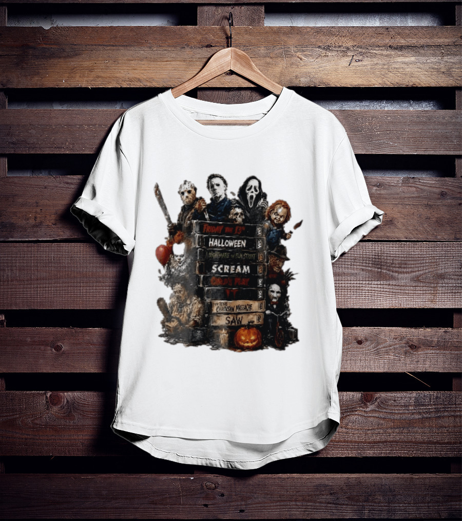 Friday The 13th Halloween Nightmare On Elm Street Scream Child's Play IT Texas Chainsaw Massacre Saw Horror Movie Stack T-Shirt