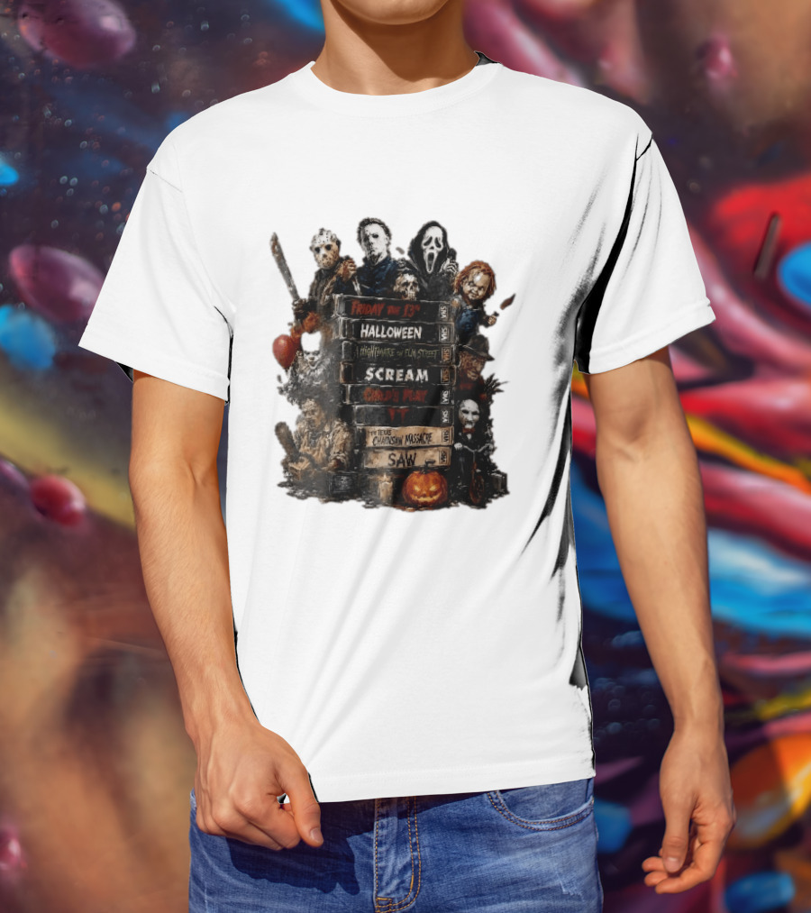 Friday The 13th Halloween Nightmare On Elm Street Scream Child's Play IT Texas Chainsaw Massacre Saw Horror Movie Stack T-Shirt