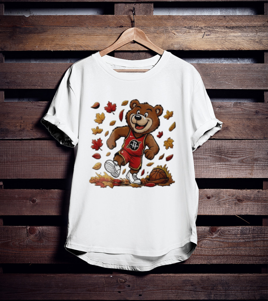 Houston Rockets Clutch The Bear Running With Basketball And Autumn Leaves T-Shirt