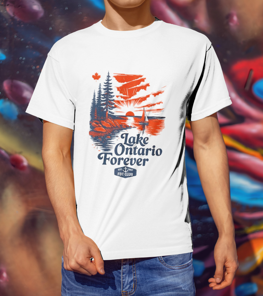 Lake Ontario Forever Sunset Sailboat FDT Club Canada Maple Leaf Scenery T-Shirt