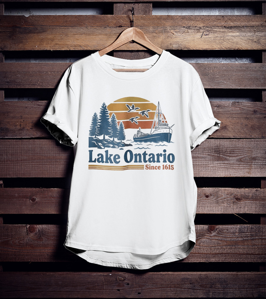 Lake Ontario Great Lakes Since 1615 Scenic Sunrise With Ship And Trees T-Shirt