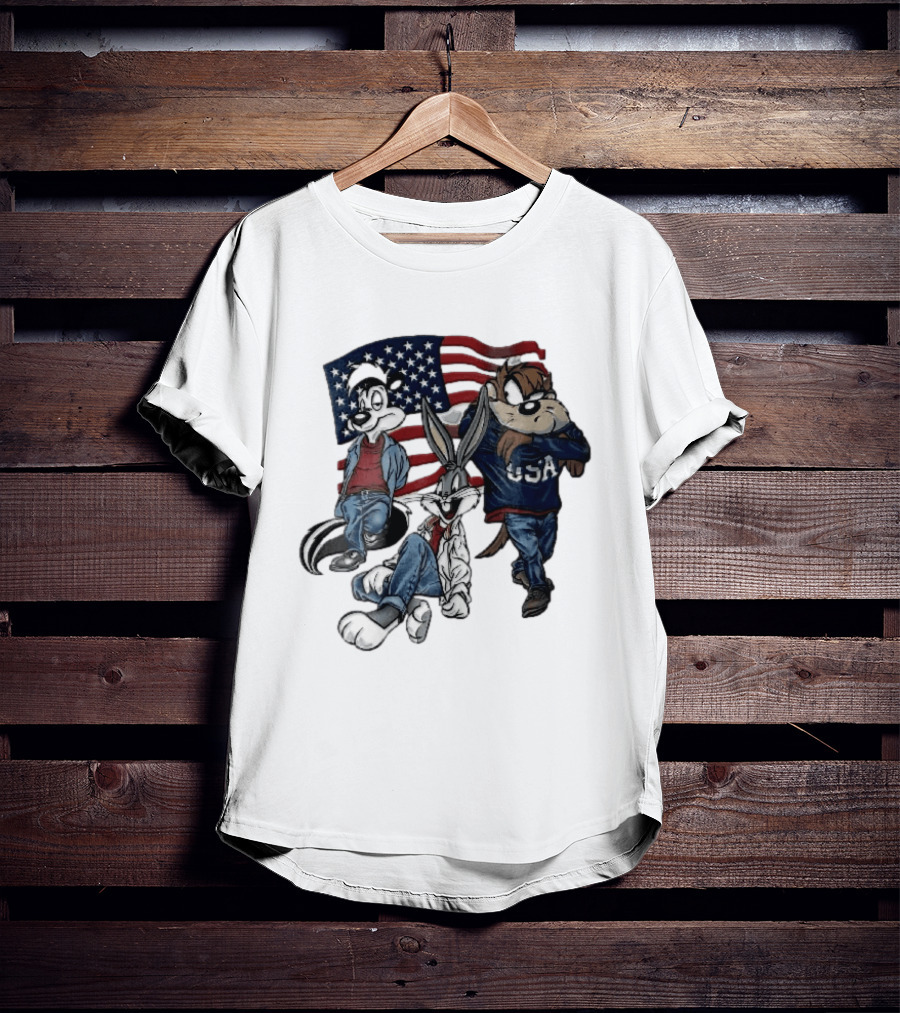 Looney Tunes Pepe Le Pew Bugs Bunny Tasmanian Devil USA American Flag Caricature T-Shirt