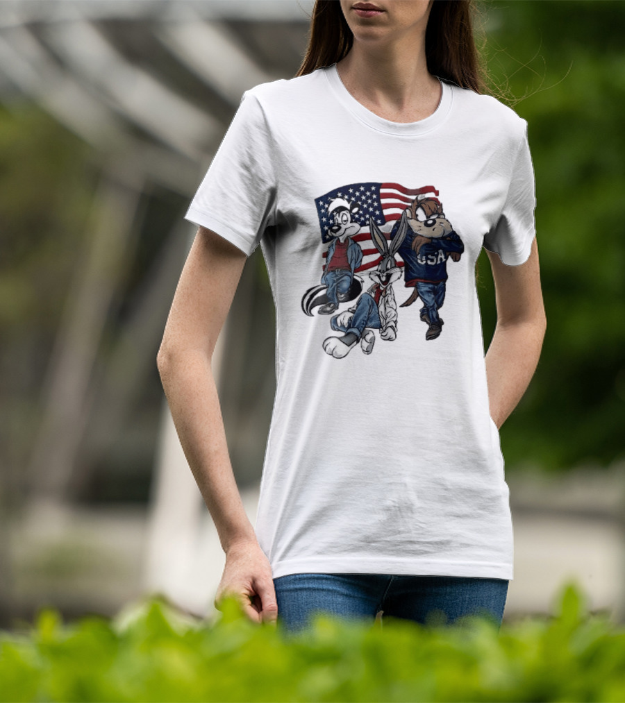 Looney Tunes Pepe Le Pew Bugs Bunny Tasmanian Devil USA American Flag Caricature T-Shirt
