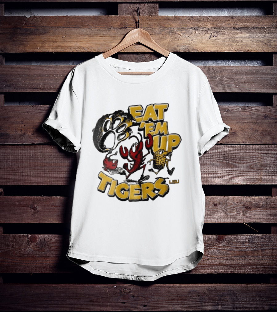 LSU Tigers Eat Em Up Cartoon Crawfish Corn Bean Paw Running T-Shirt