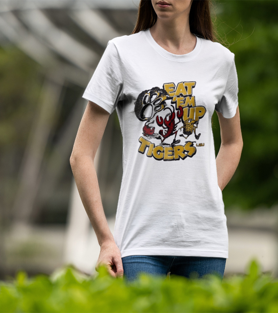 LSU Tigers Eat Em Up Cartoon Crawfish Corn Bean Paw Running T-Shirt