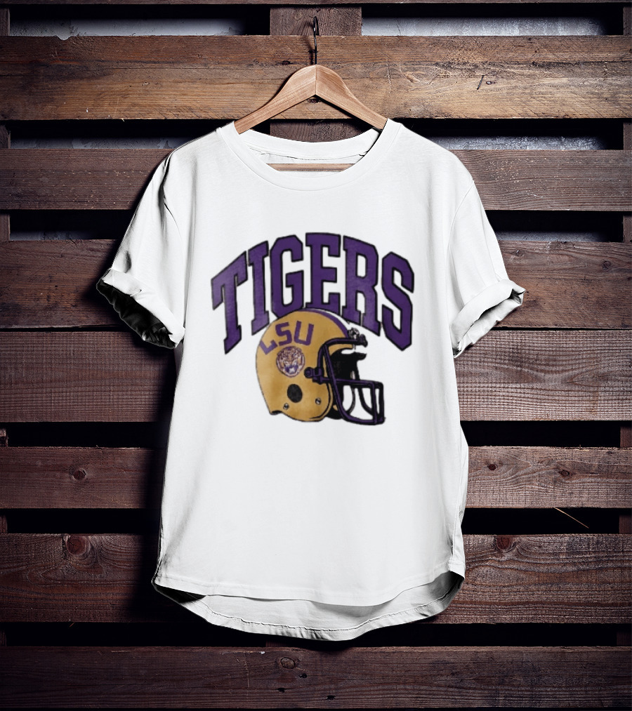 LSU Tigers Yellow Football Helmet Purple Arched Letters NCAA T-Shirt