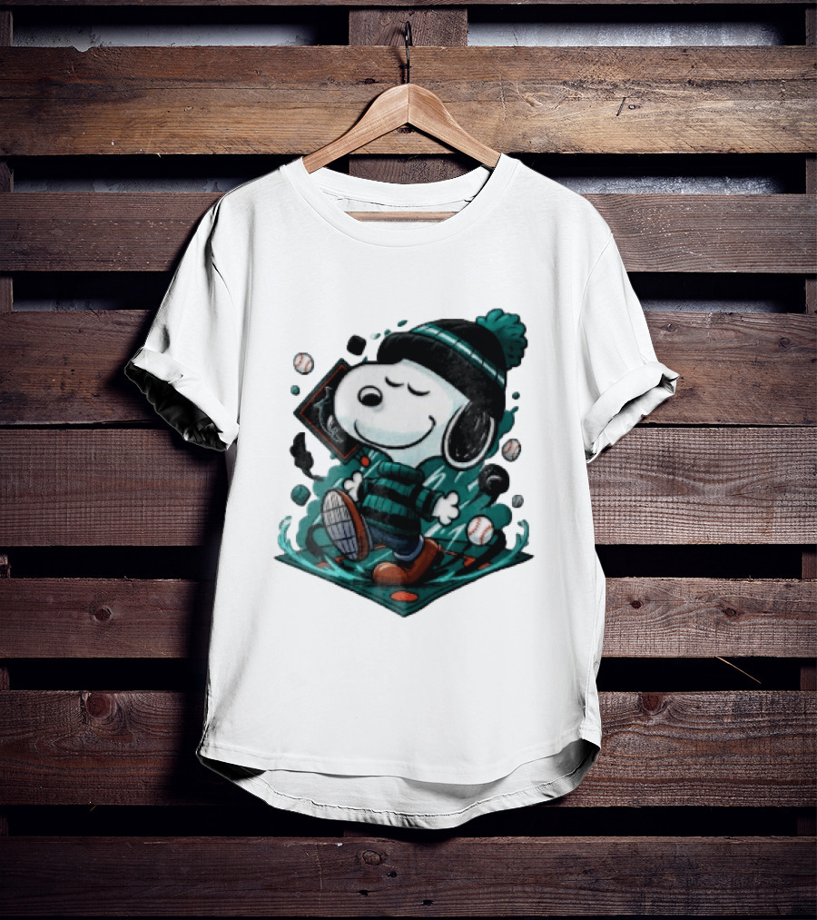 Miami Marlins MLB Snoopy Walking Teal Winter Beanie Striped Baseballs T-Shirt