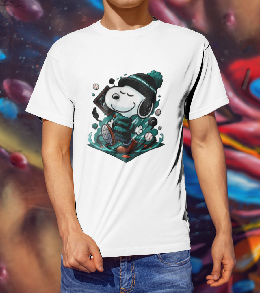 Miami Marlins MLB Snoopy Walking Teal Winter Beanie Striped Baseballs T-Shirt