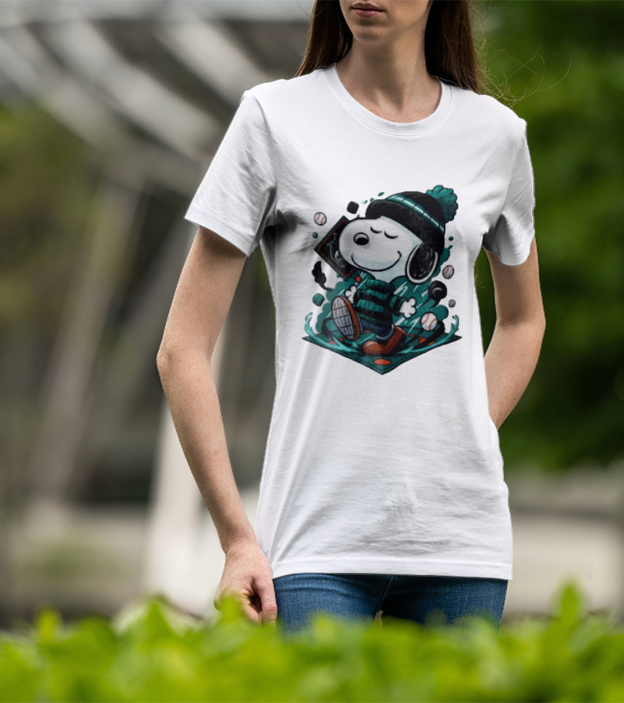 Miami Marlins MLB Snoopy Walking Teal Winter Beanie Striped Baseballs T-Shirt
