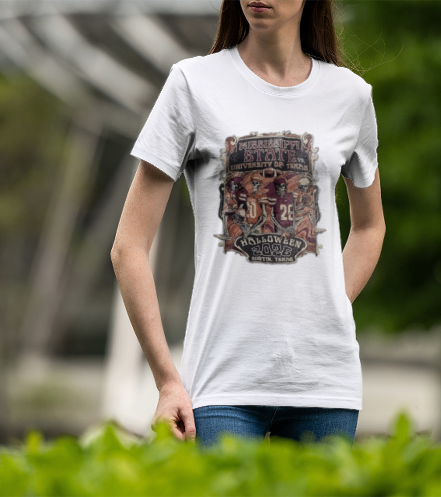 Mississippi State Vs University Of Texas Halloween 2026 Austin Texas Skeleton Football Players T-Shirt