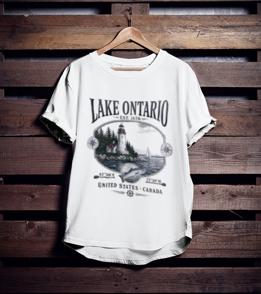 Lake Ontario Lighthouse Sailboat Fish 43 30 And 77 W United States Canada T-Shirt