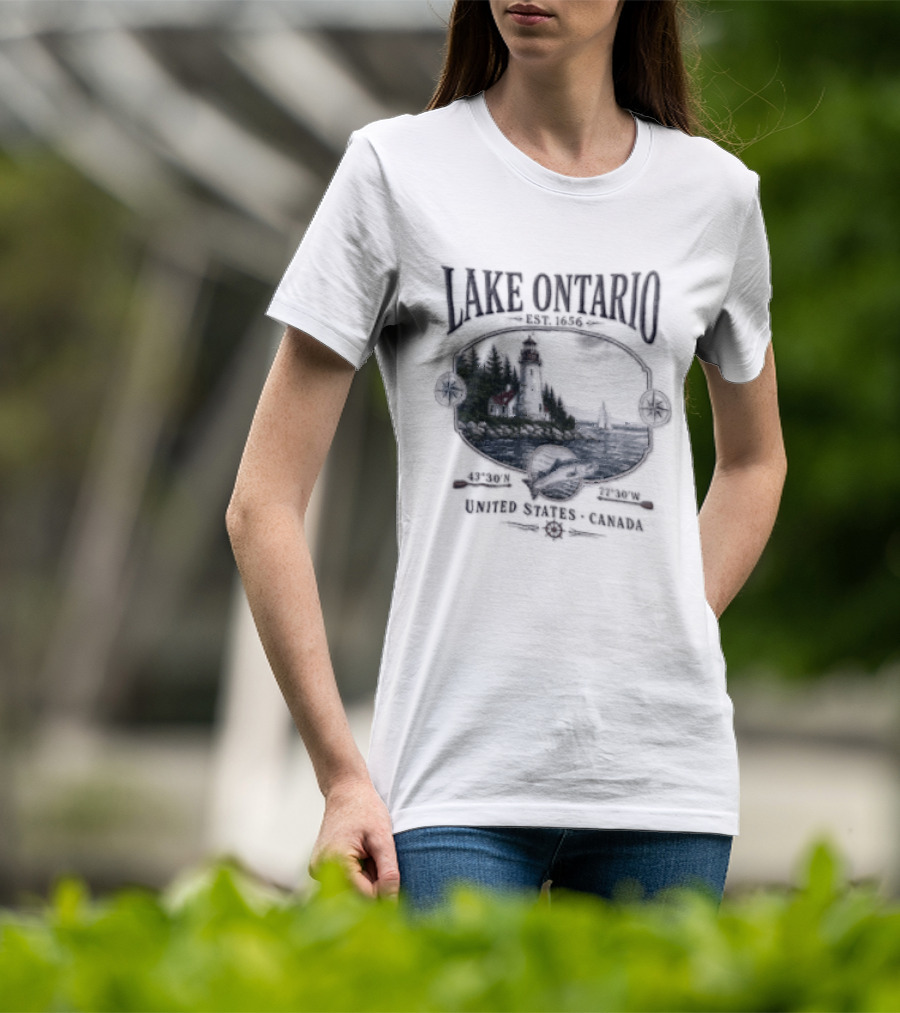 Lake Ontario Lighthouse Sailboat Fish 43 30 And 77 W United States Canada T-Shirt