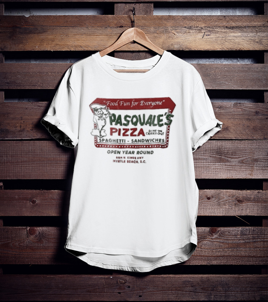 Pasquales Pizza Food Fun For Everyone Myrtle Beach Cartoon Chef Marquee Sign Spaghetti Sandwiches T-Shirt