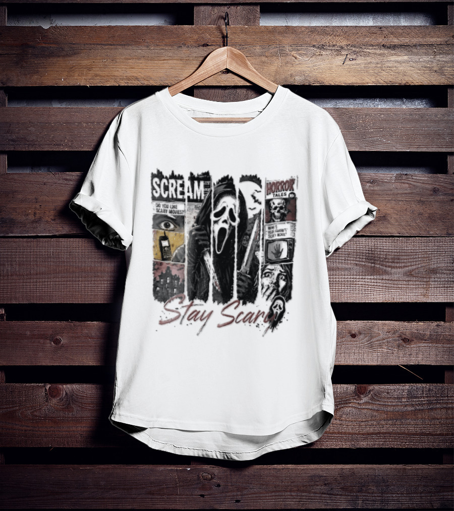 Scream Stay Scary Ghostface Comic Bloody Dagger Do You Like Scary Movies T-Shirt