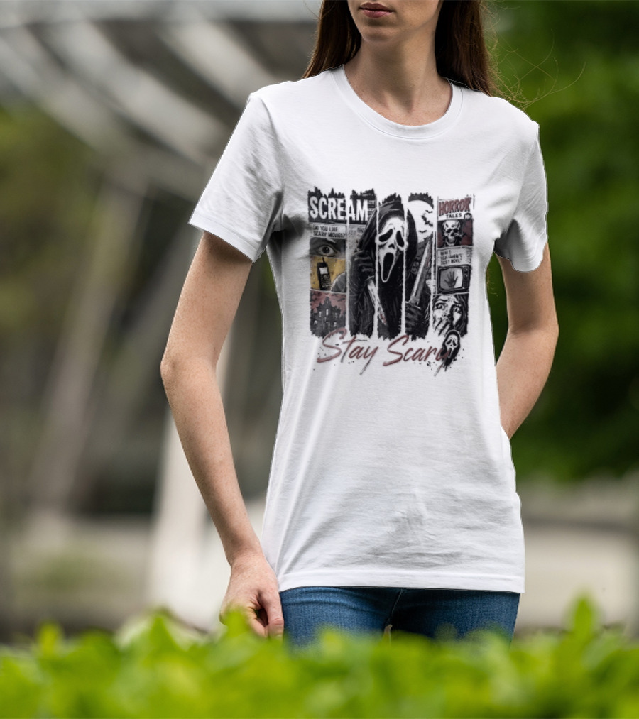 Scream Stay Scary Ghostface Comic Bloody Dagger Do You Like Scary Movies T-Shirt