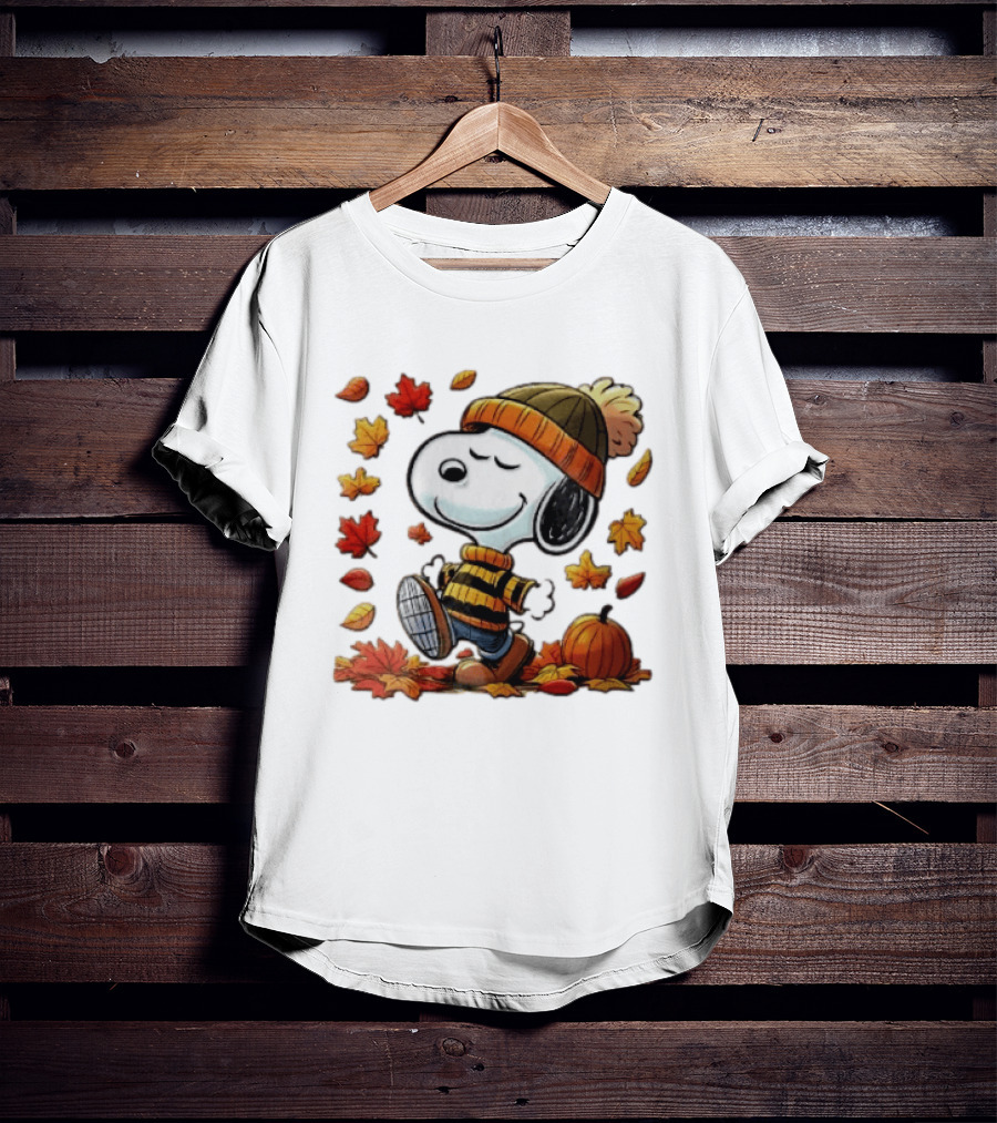 Snoopy Walking In Striped Beanie With Autumn Leaves And Pumpkin T-Shirt