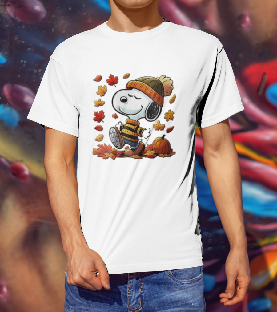 Snoopy Walking In Striped Beanie With Autumn Leaves And Pumpkin T-Shirt
