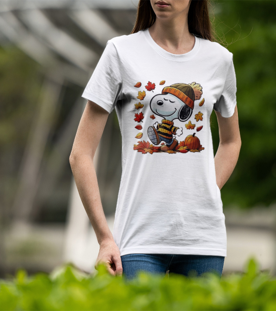 Snoopy Walking In Striped Beanie With Autumn Leaves And Pumpkin T-Shirt