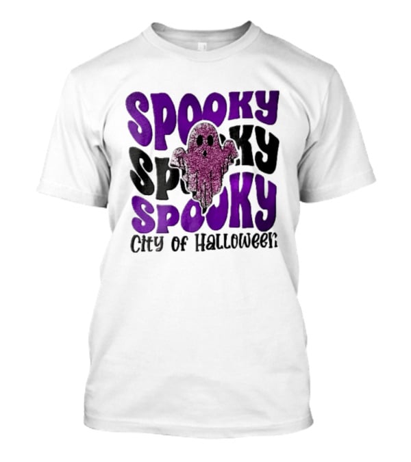 Spooky City Of Halloween Pink Glitter Ghost Retro Groovy T-Shirt