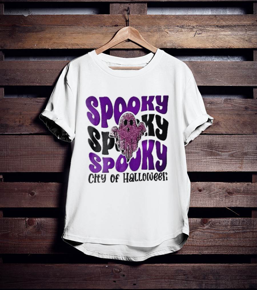 Spooky City Of Halloween Pink Glitter Ghost Retro Groovy T-Shirt