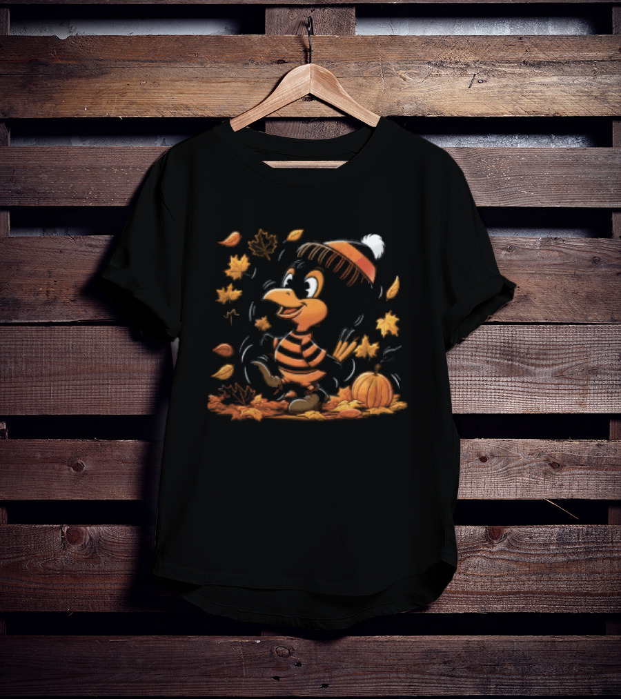 Cartoon Black And Orange Bird Beanie Hat Pumpkin Autumn Falling Leaves T-Shirt