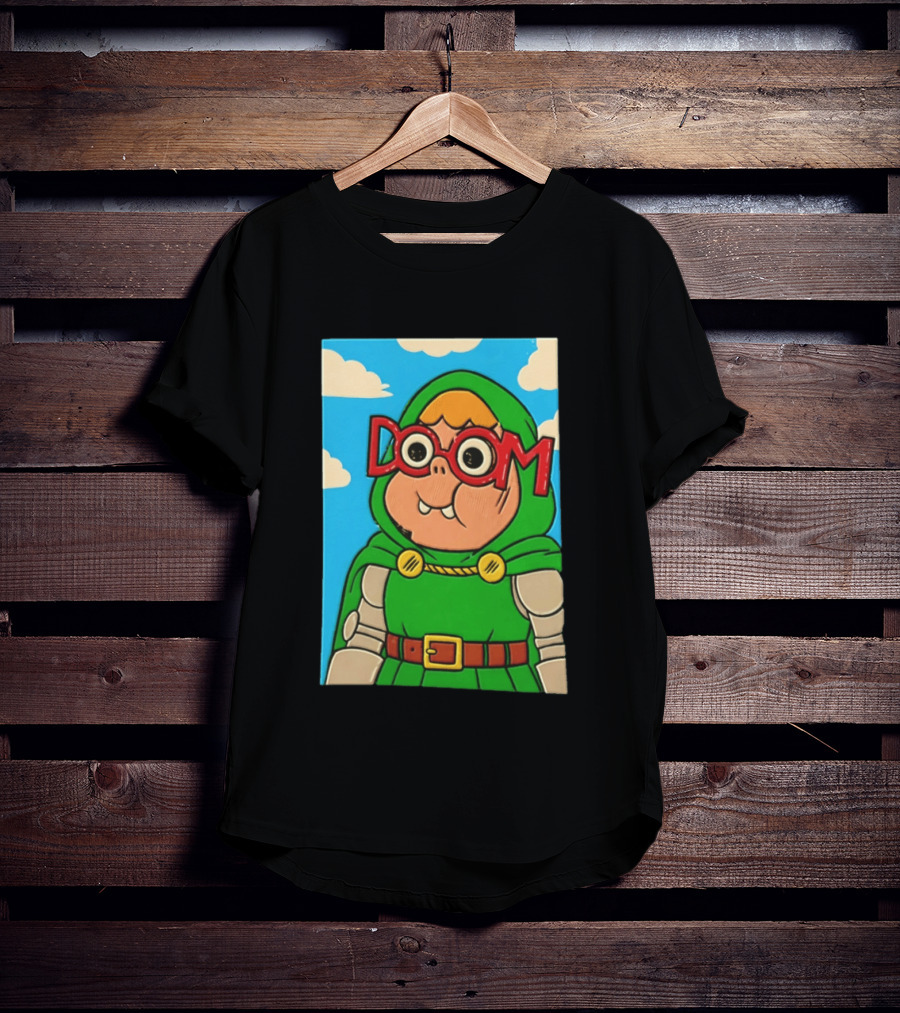 Clarence Doctor Doom Cartoon Crossover DOOM Glasses Green Hood Clouds T-Shirt