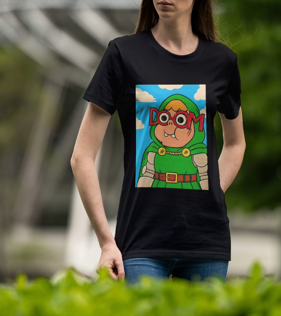 Clarence Doctor Doom Cartoon Crossover DOOM Glasses Green Hood Clouds T-Shirt