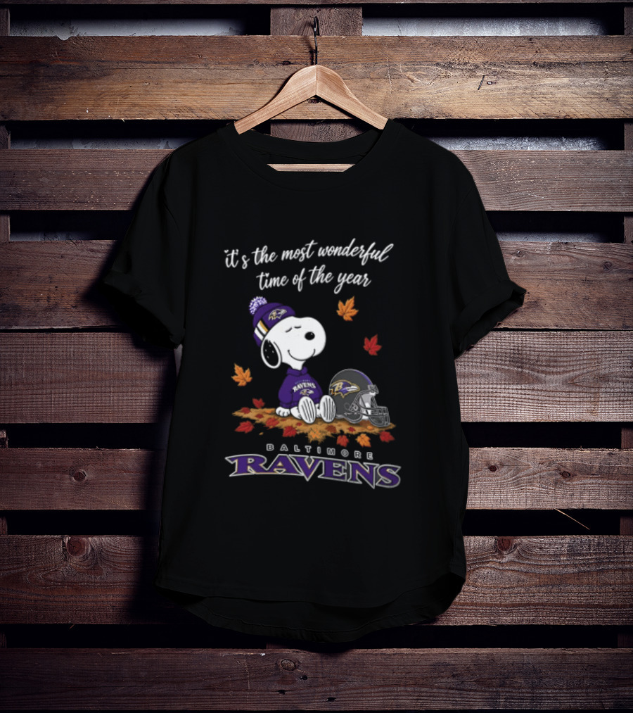 It's The Most Wonderful Time Of The Year Snoopy Baltimore Ravens Beagle Beanie Helmet Autumn Leaves T-Shirt