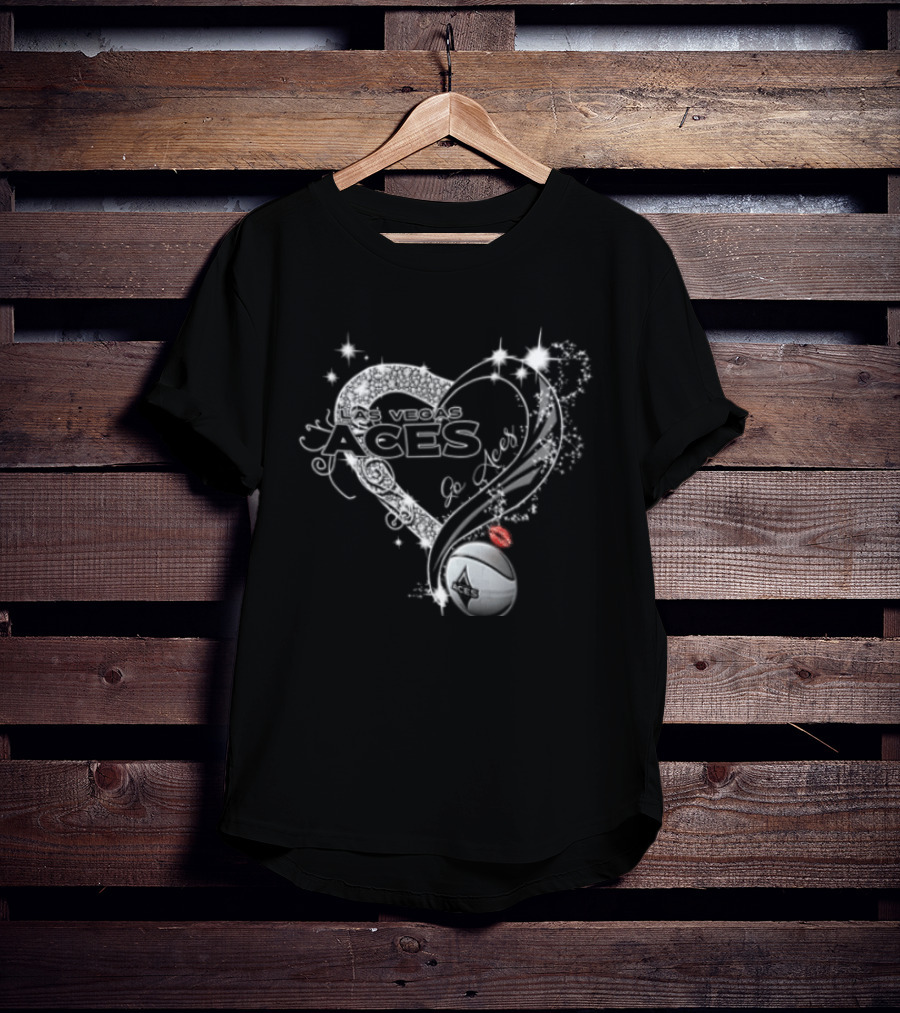 Las Vegas Aces WNBA Rhinestone Heart Basketball Sparkles Lips T-Shirt