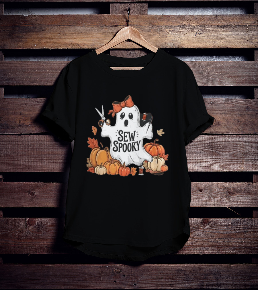 Sew Spooky Ghost With Bow Scissors Pumpkins Autumn Leaves Thread Spools T-Shirt