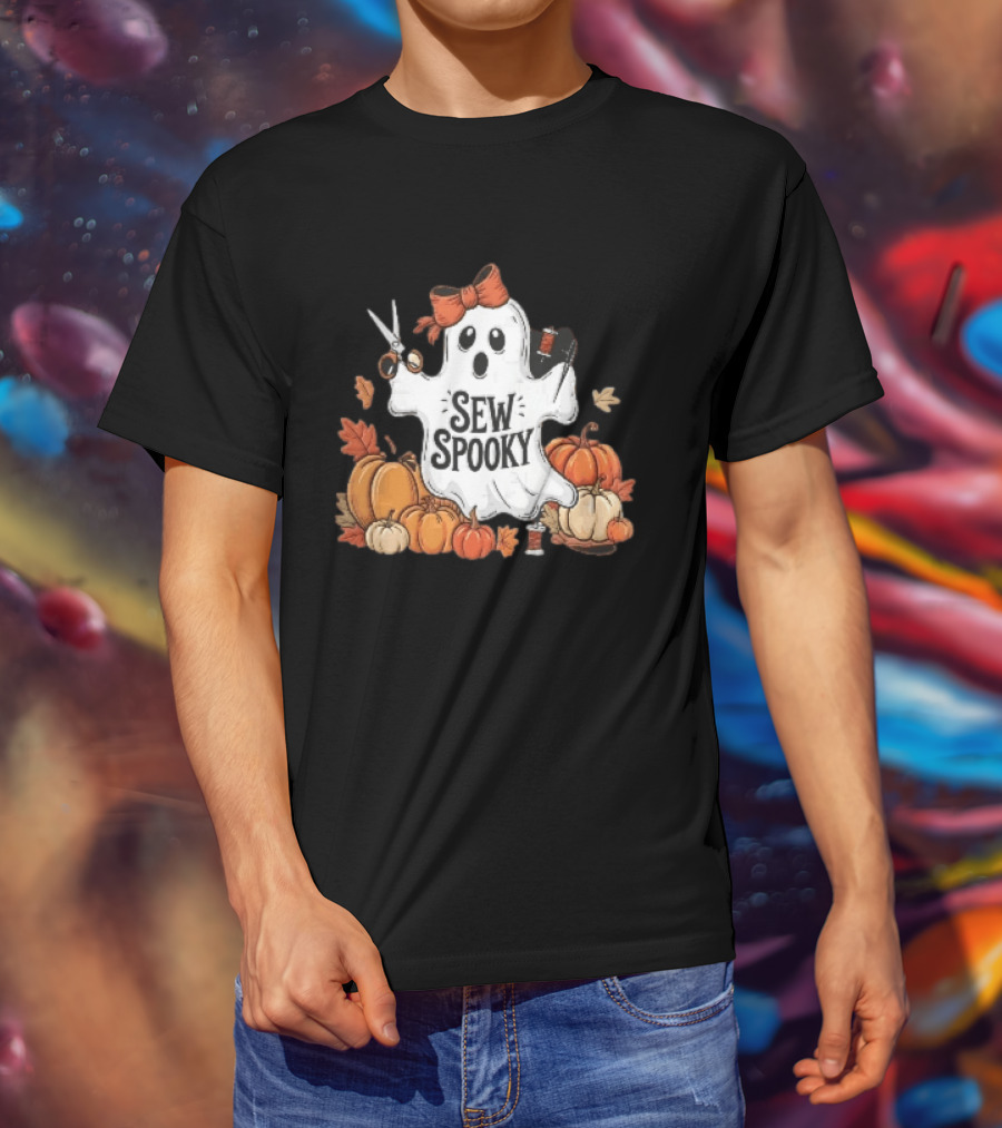 Sew Spooky Ghost With Bow Scissors Pumpkins Autumn Leaves Thread Spools T-Shirt