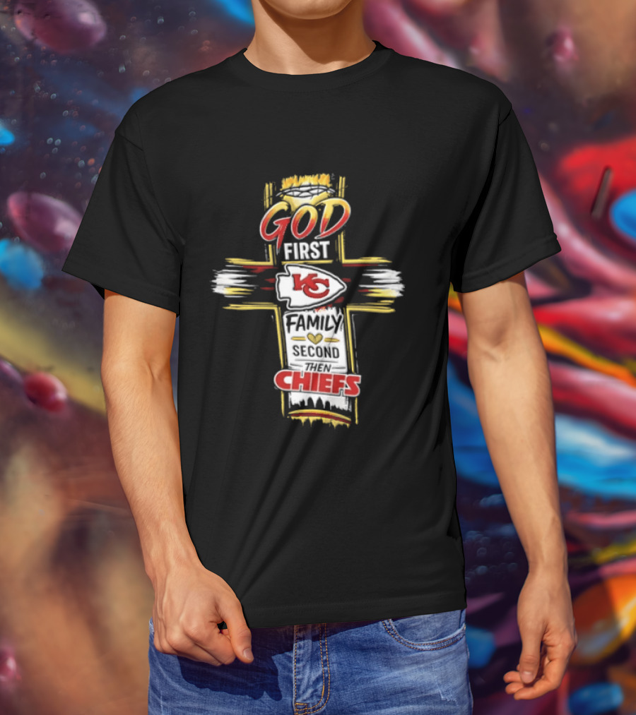God First Family Second Kansas City Chiefs Cross Crown Of Thorns T-Shirt